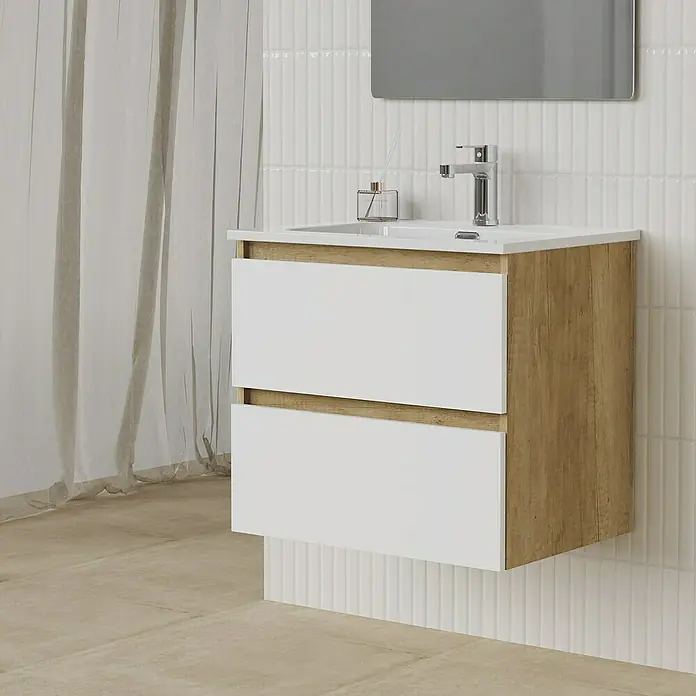 Artysan Conjunto de mueble de baño Funk - Ancho: 60 cm, Nature/Blanco, 3 pzs. - Un moderno tocador con dos cajones en blanco y aspecto de madera, ideal para cualquier baño. Diseño elegante que combina con funcionalidad.