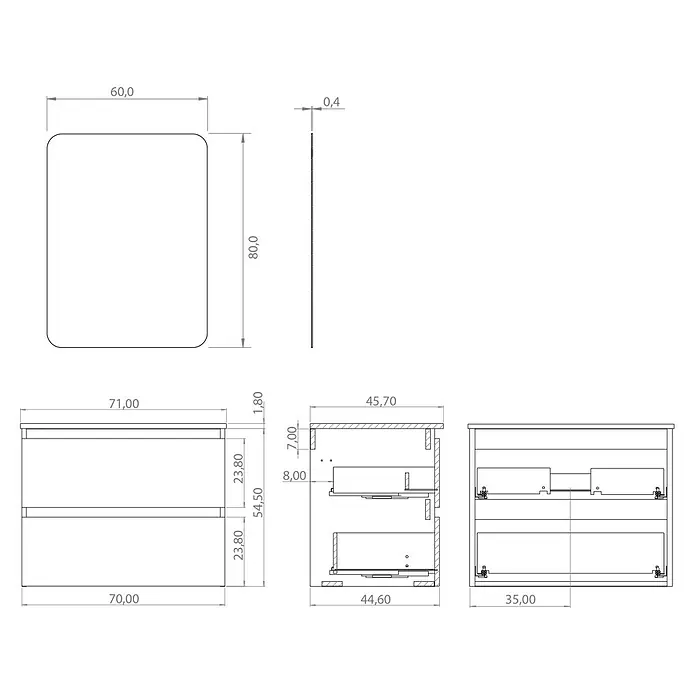 Artysan Conjunto de mueble de baño Funk - Ancho: 70 cm, Nature/Verde, 3 pzs. - Dibujo técnico de un mueble de baño con espejo y cajones, dimensiones en milímetros para una planificación precisa.