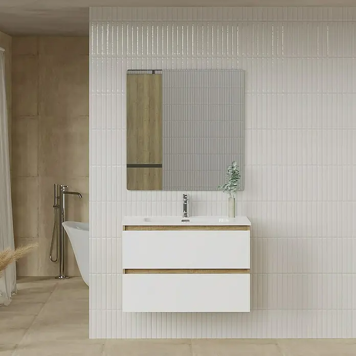 Artysan Conjunto de mueble de baño Funk - Ancho: 90 cm, Nature/Blanco, 3 pzs. - Combinación de tocador de baño con gabinete blanco y espejo a juego.
