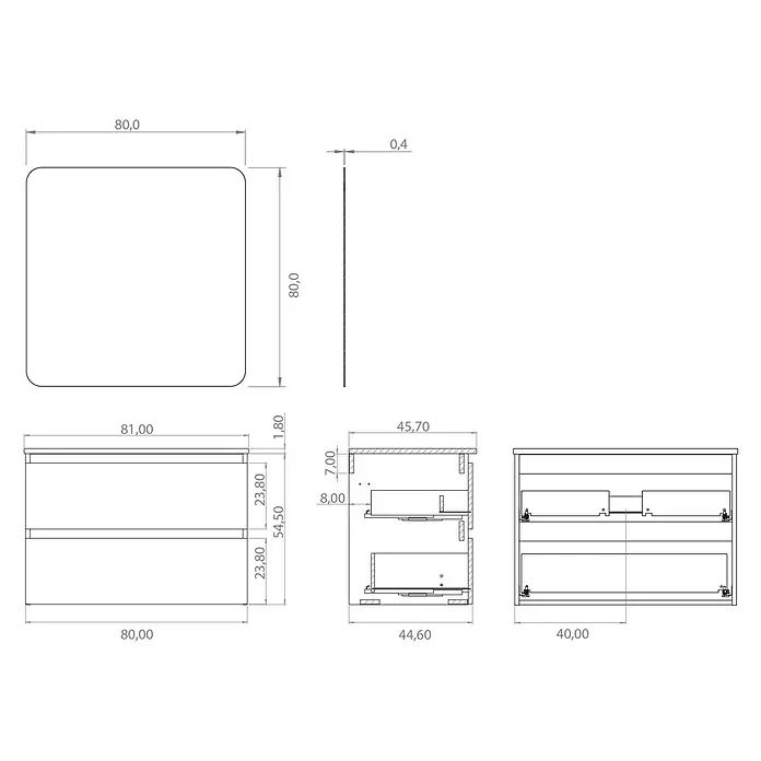 Artysan Conjunto de mueble de baño Funk - Ancho: 80 cm, Nature/Negro, 3 pzs. - Dibujo técnico de un mueble de baño con cajones, incluyendo dimensiones para planificación e instalación.
