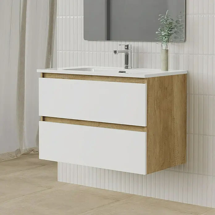 Artysan Conjunto de mueble de baño Funk - Ancho: 90 cm, Nature/Blanco, 3 pzs. - Imagen de un moderno mueble de baño con cajones blancos y estructura de madera, complementado con un espejo y un lavabo elegante.