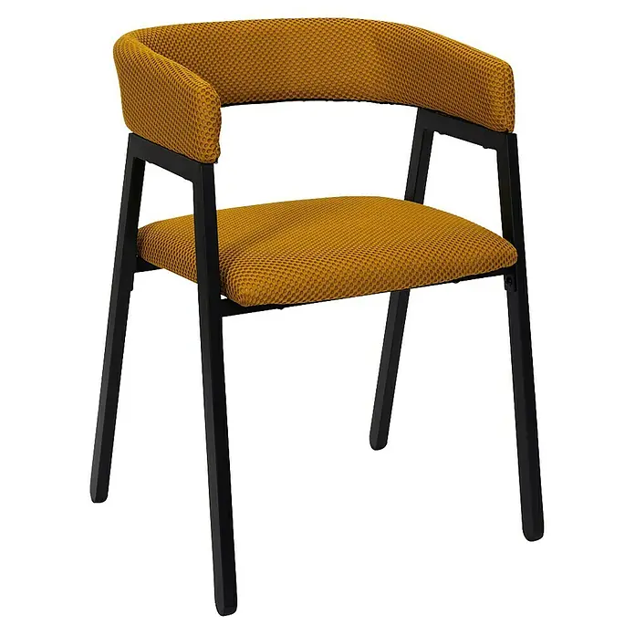Home Deco Factory Silla Atom - Mostaza, 2 ud. - En la imagen hay una silla con asiento y respaldo de tela amarillo mostaza con marco metálico oscuro.