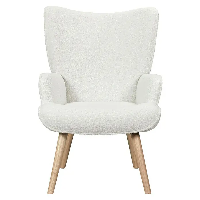 Home Deco Factory Sillón Rhea - L x An x Al: 75 x 68 x 96 cm, Blanco, Textil rizado - El sillón está tapizado con una tela de color crema y tiene patas de madera. El asiento es suave y cómodo.