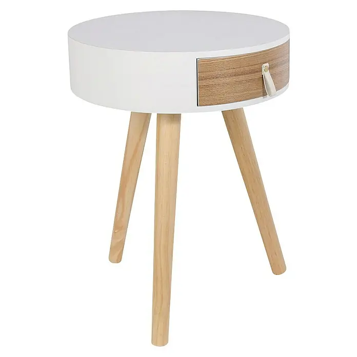 Home Deco Factory Mesa auxiliar - Ø x Al: 35 x 46,5 cm, Blanco/Madera, Número de cajones: 1 ud. - Primer plano de una mesa auxiliar redonda con cajón y patas de madera. La mesa presenta tonos blancos y madera.