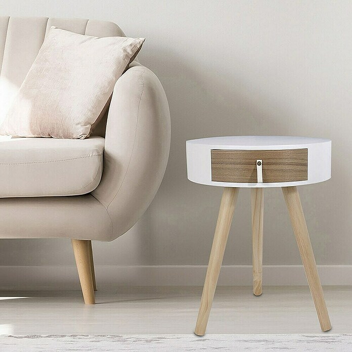 Home Deco Factory Mesa auxiliar (Ø x Al: 35 x 46,5 cm, Blanco/Madera, Número de cajones: 1 ud.) | BAUHAUS