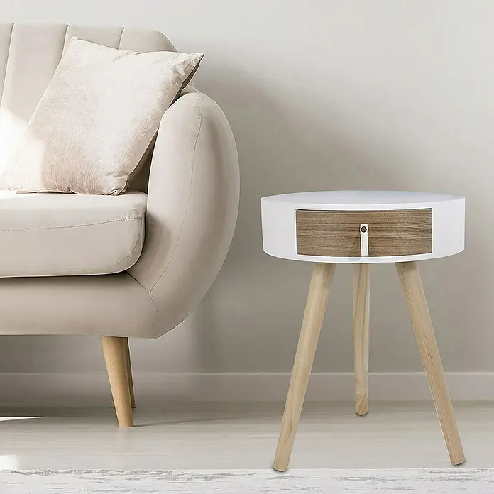 Home Deco Factory Mesa auxiliar - Ø x Al: 35 x 46,5 cm, Blanco/Madera, Número de cajones: 1 ud. - Esta mesa auxiliar blanca con cajón de madera es un mueble elegante. Es ideal para una decoración moderna y ofrece espacio de almacenamiento.