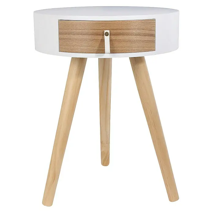 Home Deco Factory Mesa auxiliar - Ø x Al: 35 x 46,5 cm, Blanco/Madera, Número de cajones: 1 ud. - Mesita de noche moderna con tapa blanca, cajón de madera y patas de madera clara para un toque elegante.