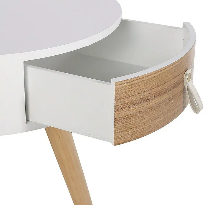 Home Deco Factory Mesa auxiliar - Ø x Al: 35 x 46,5 cm, Blanco/Madera, Número de cajones: 1 ud. - Primer plano de una mesita de noche con un cajón abierto, mostrando un diseño moderno con elementos de madera natural.