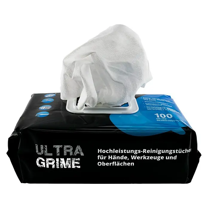 Feuchte Reinigungstücher Ultra Grime - 100 Stk. - Packung Ultra Grime Reinigungstücher, ideal für Hände, Werkzeuge und Oberflächen. 100 Tücher für maximale Sauberkeit und Hygiene.