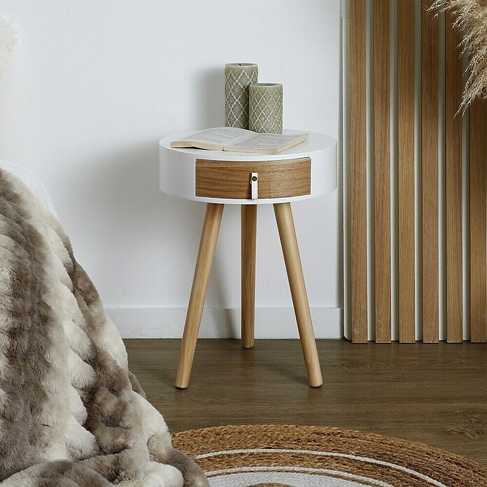Home Deco Factory Mesa auxiliar (Ø x Al: 35 x 46,5 cm, Blanco/Madera, Número de cajones: 1 ud.) | BAUHAUS