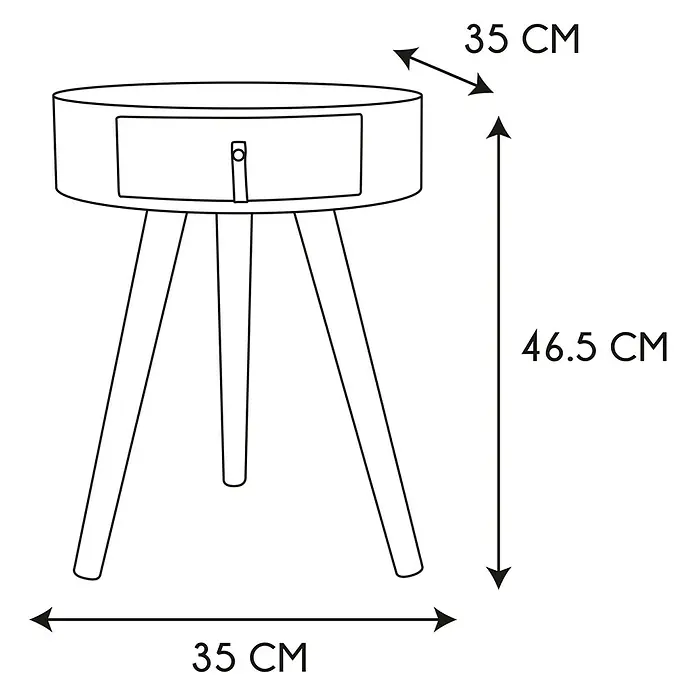 Home Deco Factory Mesa auxiliar - Ø x Al: 35 x 46,5 cm, Blanco/Madera, Número de cajones: 1 ud. - Ilustración de una mesita de noche con cajón y dimensiones de 35 x 35 x 46,5 cm.