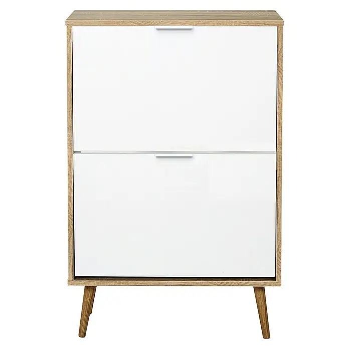 Home Deco Factory Zapatero - L x An x Al: 23,5 x 60 x 91,5 cm, Blanco/Marrón, Número de compartimentos: 2 ud. - Un moderno zapatero con dos cajones blancos y una estructura de madera, que ofrece una solución de almacenamiento elegante.