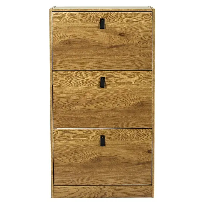 Home Deco Factory Zapatero - L x An x Al: 24 x 63 x 117 cm, Marrón, Número de compartimentos: 3 ud. - Un zapatero de madera con tres compartimentos y tiradores negros. La madera tiene una veta bonita y da al mueble un tono cálido.