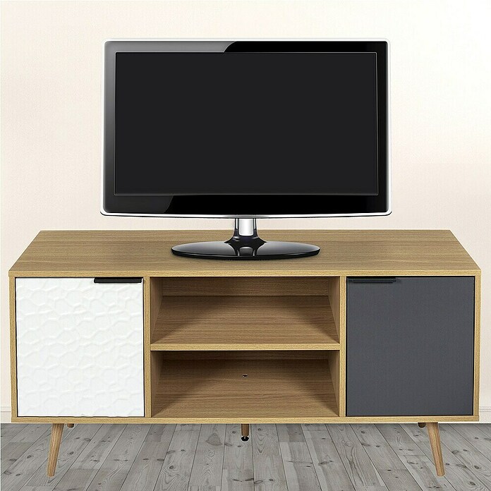 Home Deco Factory Sven Mueble para TV (L x An x Al: 39 x 120 x 56,3 cm, Madera/Blanco/Antracita, MDF, Detalles geométricos) | BAUHAUS