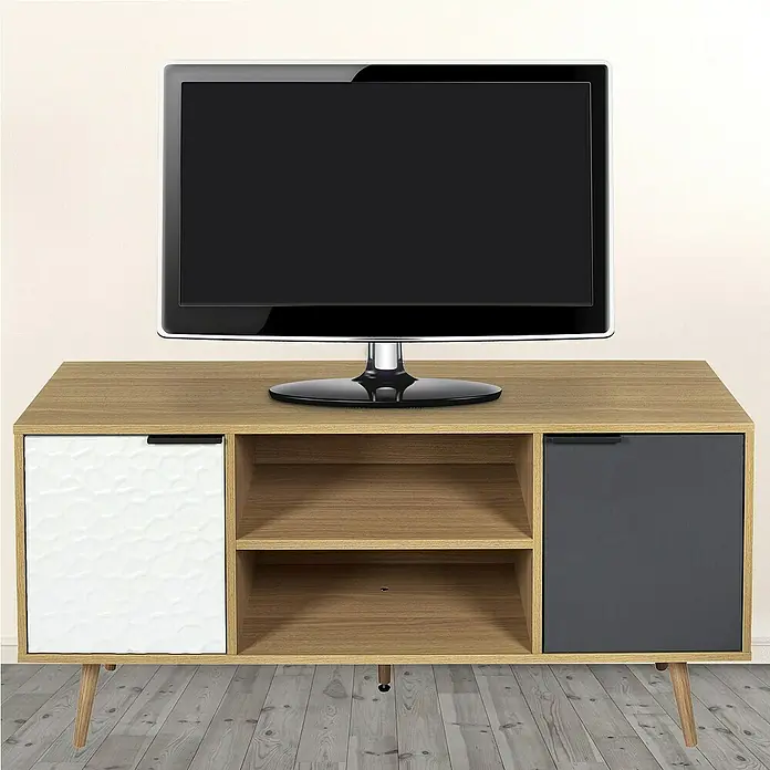 Home Deco Factory Sven Mueble para TV - L x An x Al: 39 x 120 x 56,3 cm, Madera/Blanco/Antracita, MDF, Detalles geométricos - Mueble de TV moderno con aspecto de madera, puertas blancas y grises, perfecto para la sala.