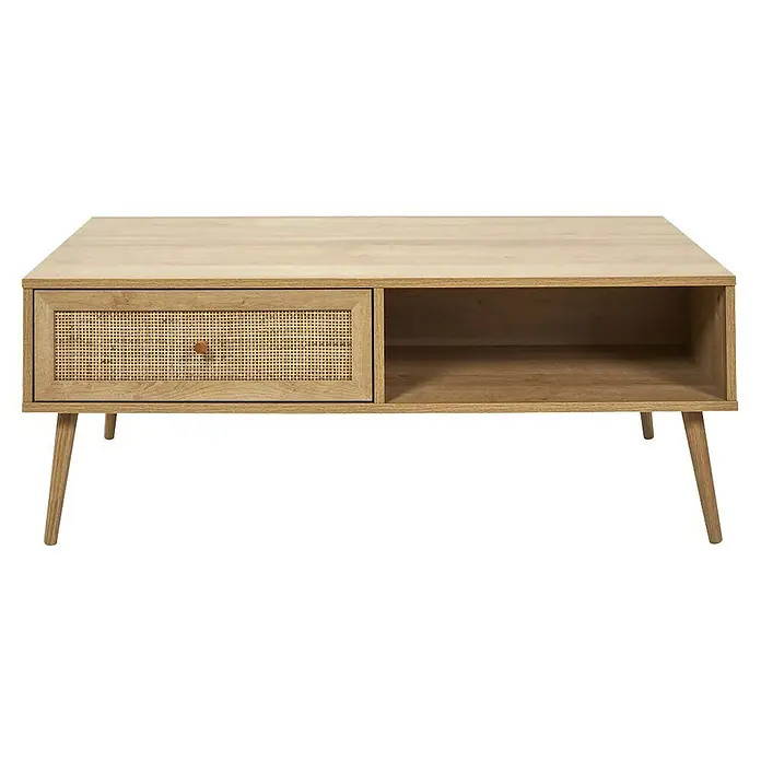 Home Deco Factory Bali Conjunto mueble de salón - 3 pzs., Marrón, Con ratán trenzado - Elegante mesa de centro con aspecto de madera, cajón y compartimento abierto, ideal para un salón con estilo.