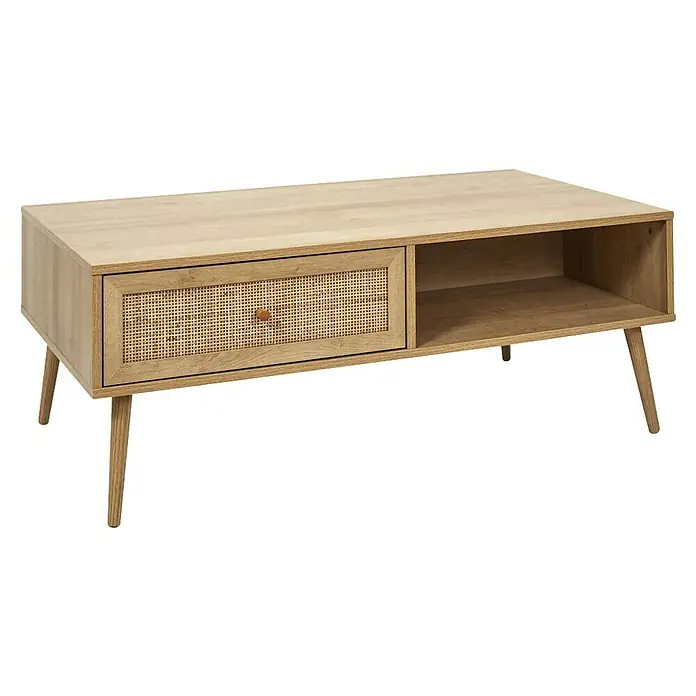 Home Deco Factory Bali Conjunto mueble de salón - 3 pzs., Marrón, Con ratán trenzado - Elegante mueble de TV con aspecto de madera, detalle de ratán y patas inclinadas. Ideal para salones de estilo moderno o escandinavo.