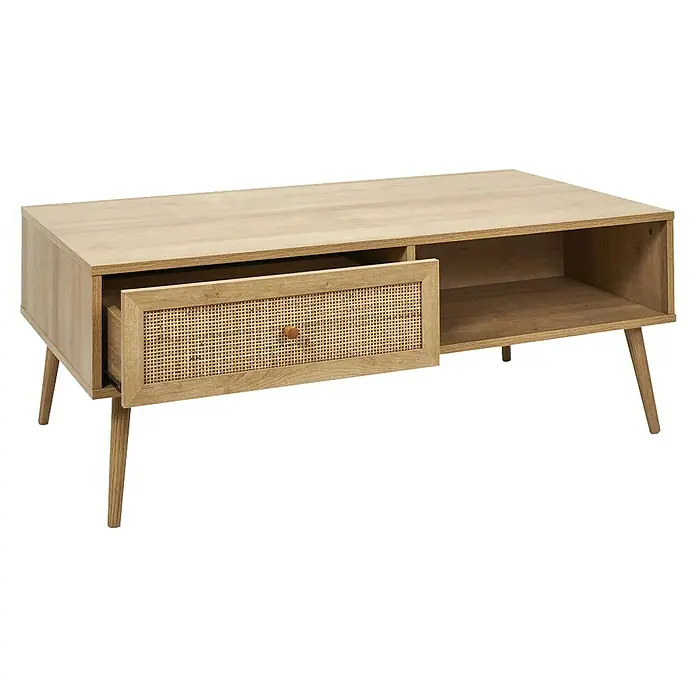 Home Deco Factory Bali Conjunto mueble de salón - 3 pzs., Marrón, Con ratán trenzado - Mueble de TV de madera clara con cajón de ratán y estantes abiertos, perfecto para almacenamiento multimedia y estilo.