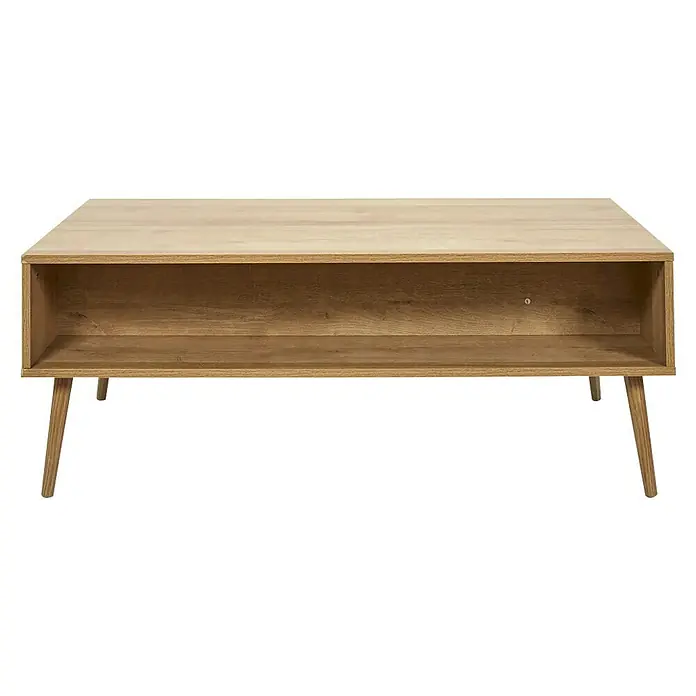 Home Deco Factory Bali Conjunto mueble de salón - 3 pzs., Marrón, Con ratán trenzado - Primer plano de una elegante mesa de centro marrón claro con un compartimento abierto, perfecta para espacios modernos.