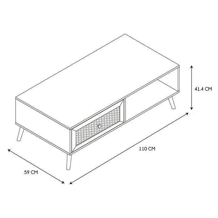 Home Deco Factory Bali Conjunto mueble de salón - 3 pzs., Marrón, Con ratán trenzado - Ilustración de una mesa de centro con cajón y estante abierto, dimensiones indicadas.
