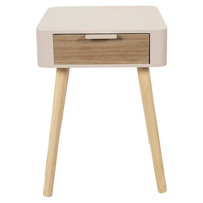 Home Deco Factory Mesita de noche - L x An x Al: 40 x 35 x 48 cm, Rosa/Madera, Número de cajones: 1 ud. - Elegante foto de mesita de noche con un cajón y patas de madera, destacando el diseño moderno del mueble.
