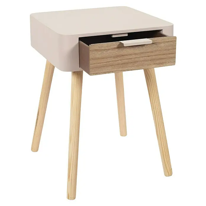 Home Deco Factory Mesita de noche - L x An x Al: 40 x 35 x 48 cm, Rosa/Madera, Número de cajones: 1 ud. - Mesita de noche con patas de madera y cajón. El cuerpo de la mesa es blanco y el cajón es de madera clara.
