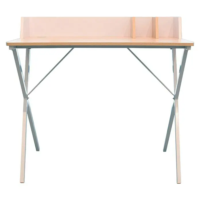 Home Deco Factory Mesa de escritorio - L x An x Al: 50 x 90 x 85 cm, Blanco/Madera - Elegante escritorio con madera clara y estructura metálica delicada. El mueble es ideal para estudios u oficinas en casa.