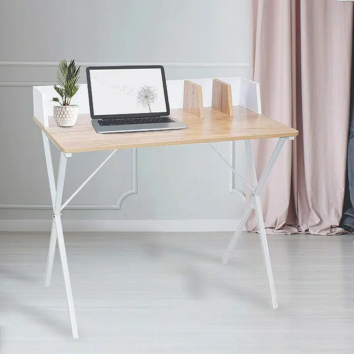 Home Deco Factory Mesa de escritorio - L x An x Al: 50 x 90 x 85 cm, Blanco/Madera - Escritorio luminoso con ordenador portátil y planta en una habitación elegante. El diseño minimalista del escritorio complementa la decoración moderna.