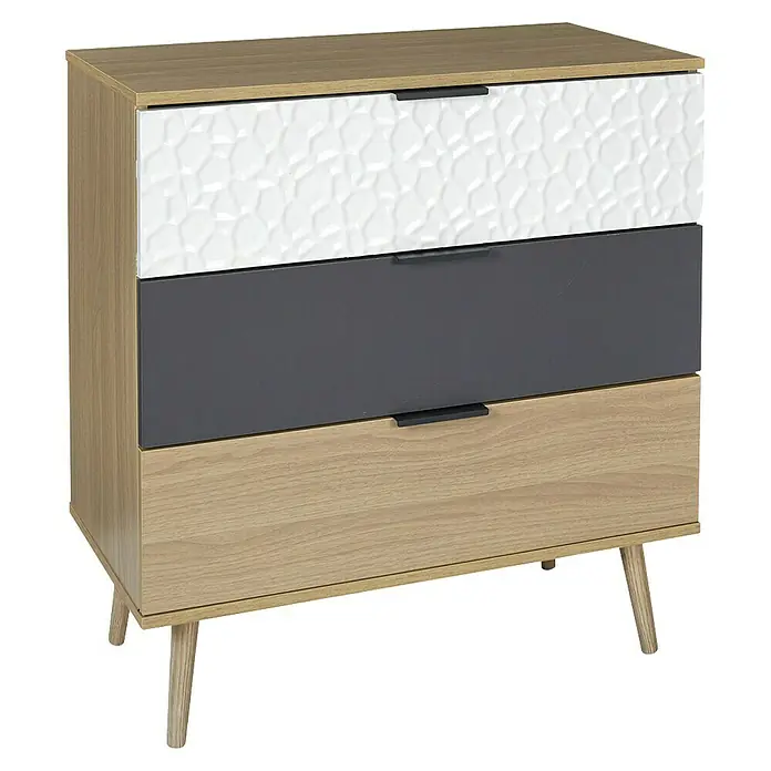 Home Deco Factory Sven Cómoda - L x An x Al: 39 x 75 x 80 cm, Madera/Blanco/Antracita, Número de cajones: 3 ud., Detalles geométricos - Cómoda con tres cajones en diferentes colores y patrones para soluciones de almacenamiento con estilo.
