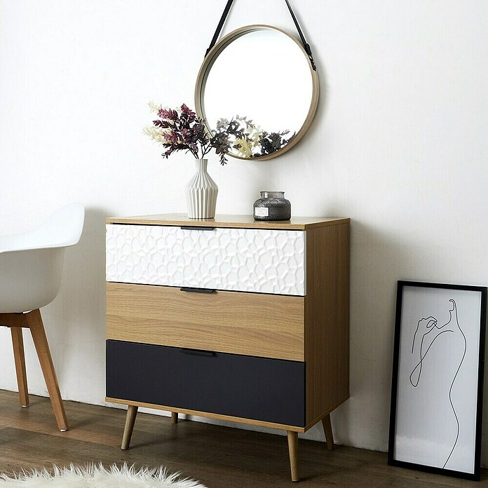 Home Deco Factory Sven Cómoda (L x An x Al: 39 x 75 x 80 cm, Madera/Blanco/Antracita, Número de cajones: 3 ud., Detalles geométricos) | BAUHAUS