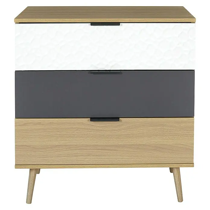 Home Deco Factory Sven Cómoda - L x An x Al: 39 x 75 x 80 cm, Madera/Blanco/Antracita, Número de cajones: 3 ud., Detalles geométricos - Cómoda con tres cajones en blanco, gris y aspecto de madera. Diseño moderno con patas delgadas para un ambiente elegante.