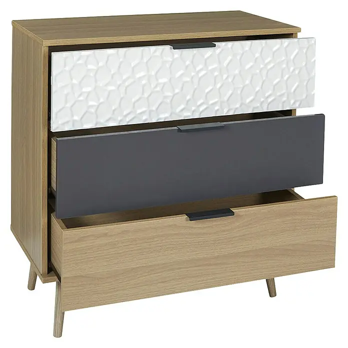 Home Deco Factory Sven Cómoda - L x An x Al: 39 x 75 x 80 cm, Madera/Blanco/Antracita, Número de cajones: 3 ud., Detalles geométricos - Imagen de un moderno mueble de madera con tres cajones en blanco, gris y aspecto de madera. Ideal para almacenaje elegante.
