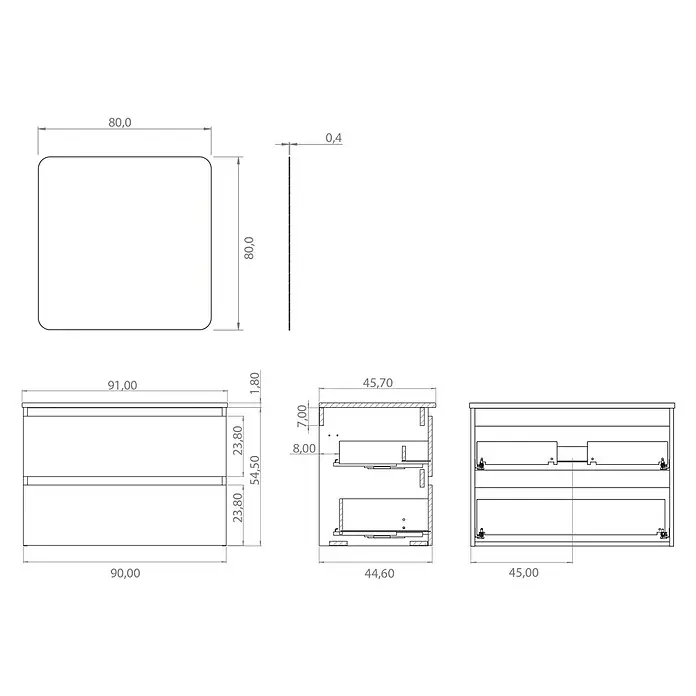 Artysan Conjunto de mueble de baño Funk - Ancho: 90 cm, Nature/Blanco, 3 pzs. - Dibujo técnico de mueble de baño con lavabo y cajones, dimensiones detalladas para una planificación precisa.