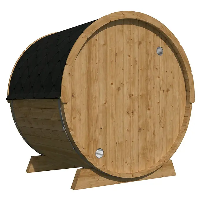 Tuindeco Fasssauna - L x B x H: 205 x 160 x 205 cm, Ohne Ofen - Diese Aufnahme zeigt eine Fasssauna aus Holz mit einem Dach aus schwarzen Schindeln. Die Sauna steht auf einem Holzrahmen und hat runde Lüftungsöffnungen.
