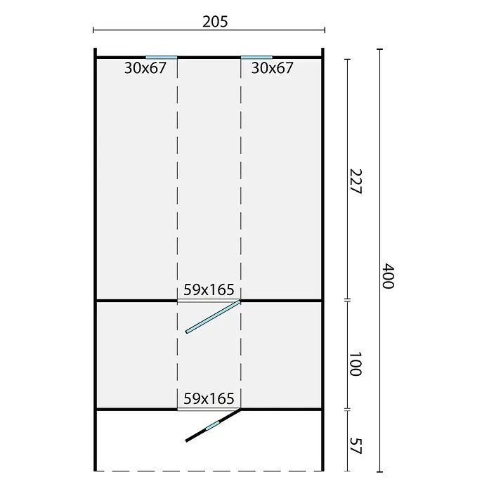 Tuindeco Fasssauna - L x B x H: 400 x 205 x 225 cm, Ohne Ofen, Unbehandelt - Grundrissansicht eines Schranks mit Regalen, Maßen und zwei Fenstern zur besseren Raumplanung.