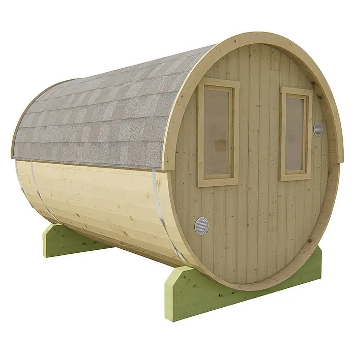Tuindeco Fasssauna - L x B x H: 300 x 205 x 205 cm, Ohne Ofen, Unbehandelt - Fassförmige Sauna mit grauem Dach und Holzrahmen. Die Sauna steht auf grünen Stützen und hat zwei Fenster.
