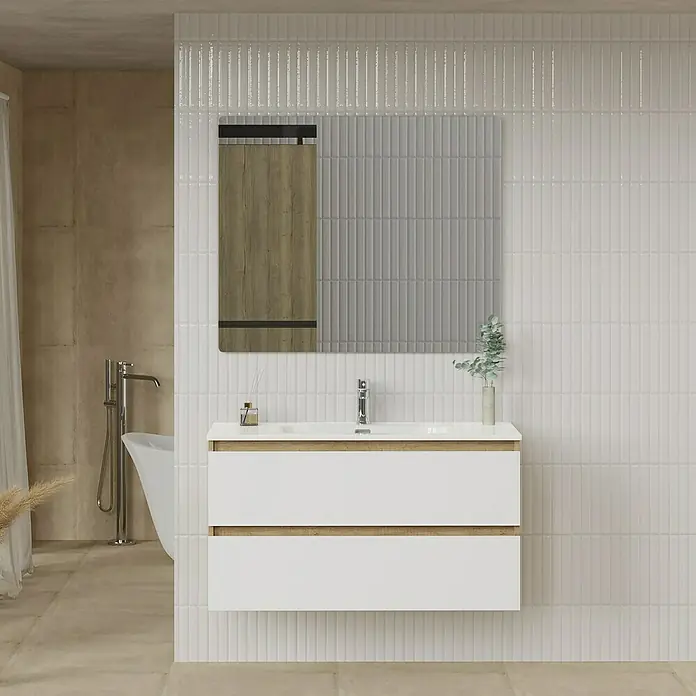Artysan Conjunto de mueble de baño Funk - Ancho: 100 cm, Nature/Blanco, 3 pzs. - Mueble de baño con acabado blanco, detalles de madera y un gran espejo sobre una pared de azulejos blancos para una estética moderna.