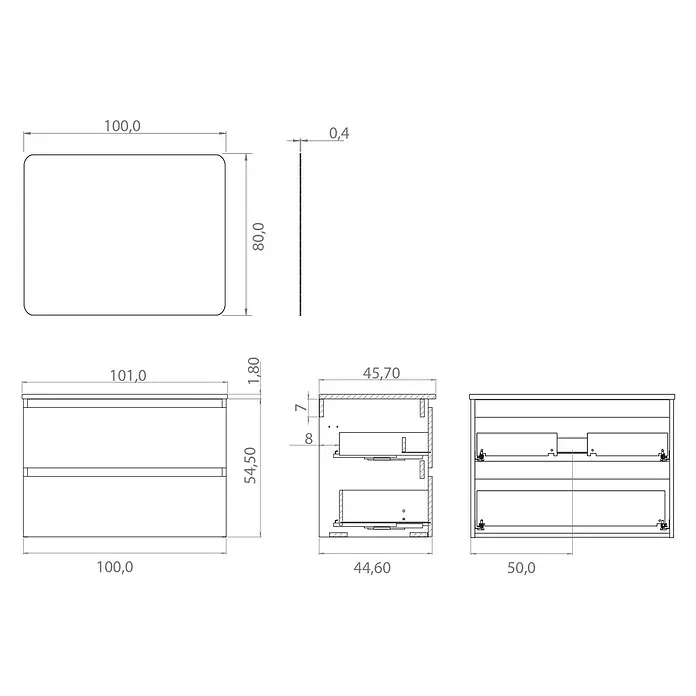 Artysan Conjunto de mueble de baño Funk - Ancho: 100 cm, Nature/Verde, 3 pzs. - Dibujo técnico de un mueble de baño con dos cajones y encimera, vista lateral de un espejo incluyendo dimensiones.