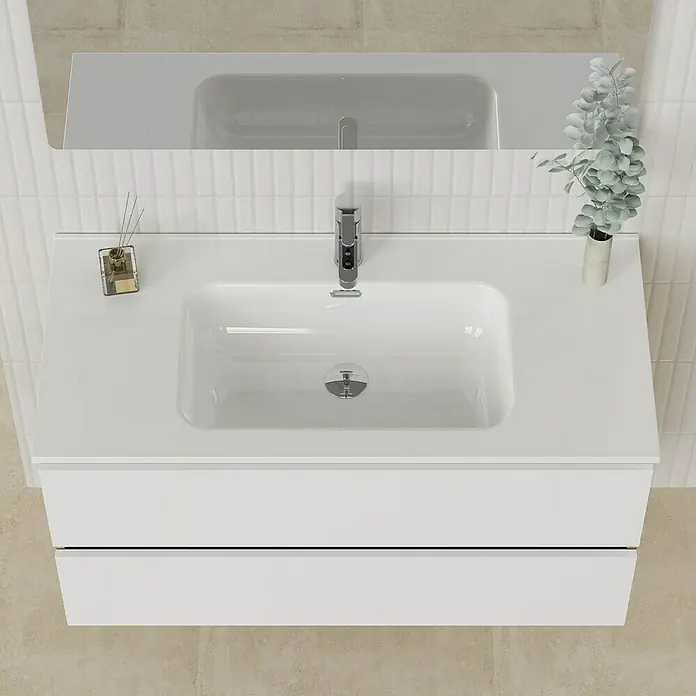 Artysan Conjunto de mueble de baño Funk - Ancho: 100 cm, Nature/Blanco, 3 pzs. - Moderno mueble de baño blanco con lavabo rectangular, grifo cromado y un elegante armario, ideal para cualquier baño.