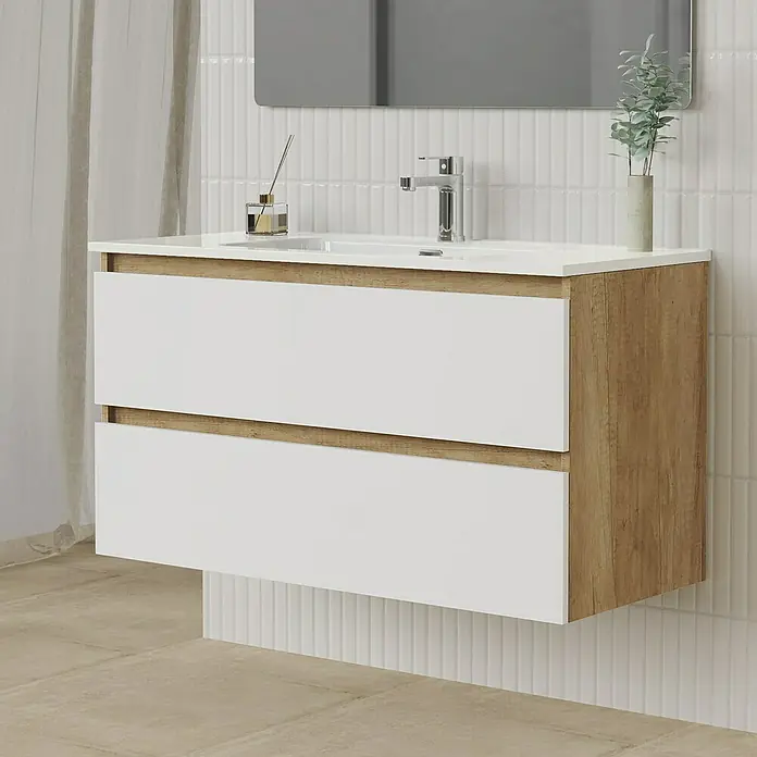 Artysan Conjunto de mueble de baño Funk - Ancho: 100 cm, Nature/Blanco, 3 pzs. - Baño moderno con mueble de lavabo blanco y aspecto de madera, ideal para diseños elegantes.