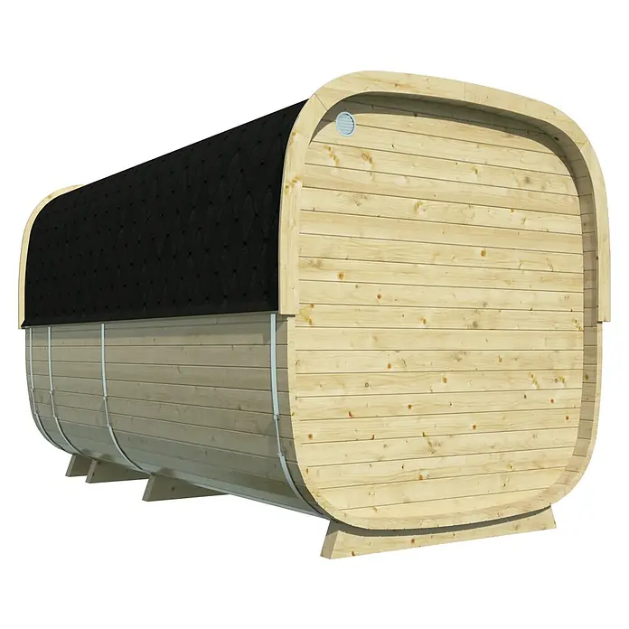 Tuindeco Saunahaus Cube Rovaniemi - L x B x H: 390 x 219 x 234 cm, Ohne Ofen, Fichte - Fasssauna mit Holzverkleidung und schwarzem Dach. Die Sauna hat eine runde Form und ein kleines Fenster.