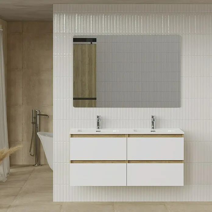 Artysan Conjunto de mueble de baño Funk - Ancho: 120 cm, Nature/Blanco, 3 pzs. - Elegante interior de baño con doble lavabo en blanco y acabado de madera, complementado con un espejo estiloso.