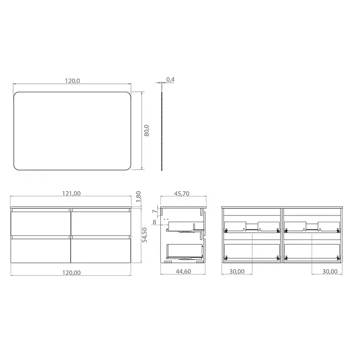 Artysan Conjunto de mueble de baño Funk - Ancho: 120 cm, Nature/Blanco, 3 pzs. - Dibujo detallado de un mueble de baño con cajones, mostrando dimensiones y vistas para planificación y diseño.