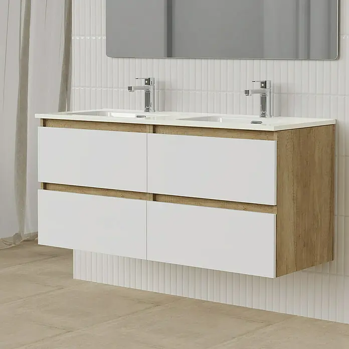 Artysan Conjunto de mueble de baño Funk - Ancho: 120 cm, Nature/Blanco, 3 pzs. - Mueble de baño con dos lavabos, frentes de cajones blancos y estructura de madera para un ambiente moderno.