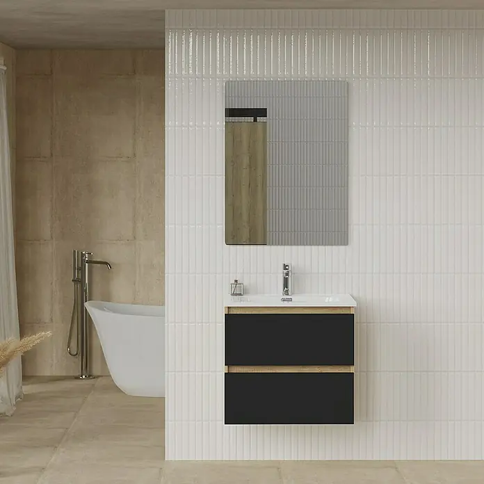 Artysan Conjunto de mueble de baño Funk - Ancho: 60 cm, Nature/Negro, 3 pzs. - Mueble de baño con cajones negros y espejo para un ambiente moderno.