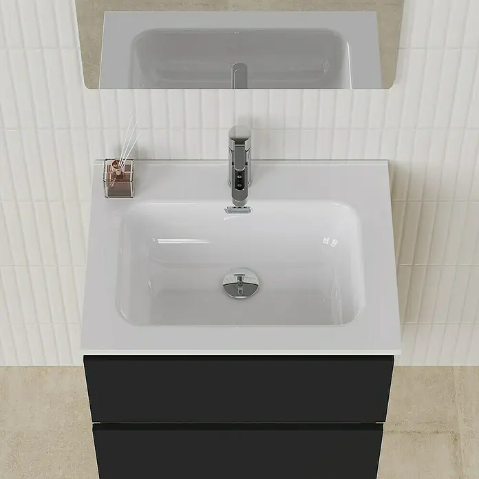 Artysan Conjunto de mueble de baño Funk - Ancho: 60 cm, Nature/Negro, 3 pzs. - Un moderno mueble de baño con un gabinete negro, un elegante lavabo blanco y un espejo minimalista encima.