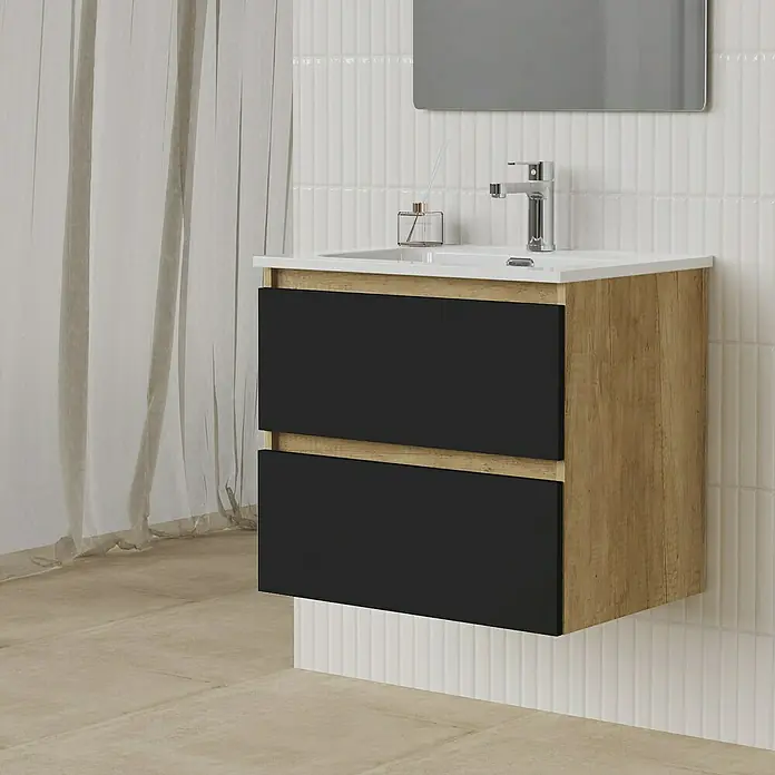 Artysan Conjunto de mueble de baño Funk - Ancho: 60 cm, Nature/Negro, 3 pzs. - Moderno mueble de lavabo con dos cajones y armario con espejo para un baño elegante.