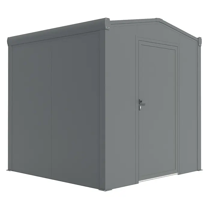 Wismar-NFI Gerätehaus Aster 1V - Außenmaß inkl. Dachüberstand (B x T): 225 x 225 cm, Stahl, Anthrazit/Weiß, Einzeltür - Grauer Metallgartenhaus mit Tür, ideal zur Aufbewahrung von Gartengeräten und -möbeln. Robuste und wetterfeste Konstruktion für den Außenbereich.