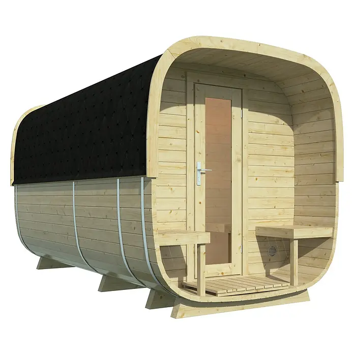 Tuindeco Saunahaus Cube Rovaniemi - L x B x H: 390 x 219 x 234 cm, Ohne Ofen, Fichte - Ein Fass-Sauna-Modell mit dunklem Dach und hellem Holz, das eine einladende und entspannende Wellness-Atmosphäre verspricht.