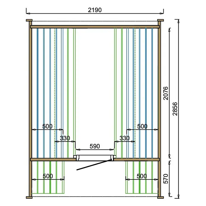 Tuindeco Saunahaus Cube Rovaniemi - L x B x H: 286 x 219 x 234 cm, Ohne Ofen, ½‑Panorama‑Fenster - Produktdarstellung: Detaillierter Bauplan eines Holzprodukts mit präzisen Maßangaben in Millimetern, inklusive Höhen- und Breitenangaben.